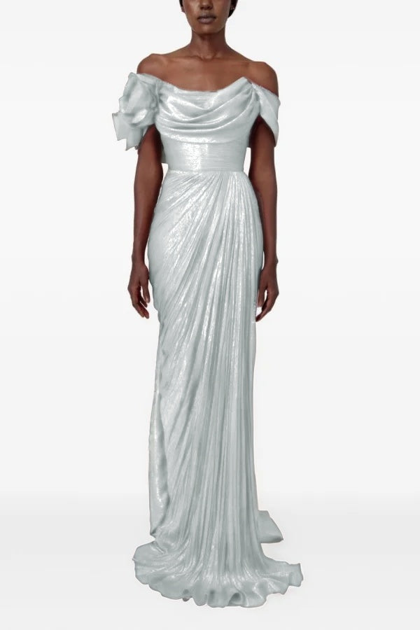 Sophisticatedff-the-Shoulder Prom Dress Sleeveless Pleated with Flower