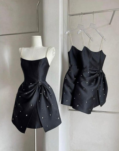 Spaghetti strap short dress rhinestone satin dress Homecoming Dress