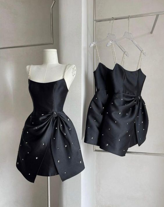 Spaghetti strap short dress rhinestone satin dress Homecoming Dress
