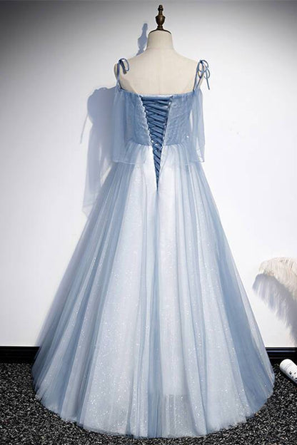 Spaghetti Straps A-line Blue Long Formal Dress
