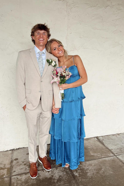 Spaghetti Straps Blue Soft Satin Layered Long Formal Dress