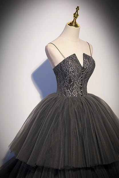 Spaghetti Straps Grey Tiered Layers Long Formal Gown