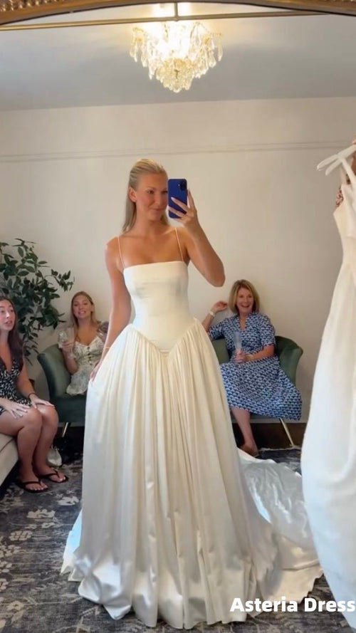 Spaghetti Straps Ivory A-Line Satin Wedding Dresses