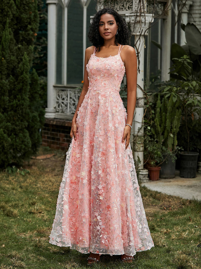 Spaghetti Straps Lace-up Flowers Appliqued Prom Dress Coral