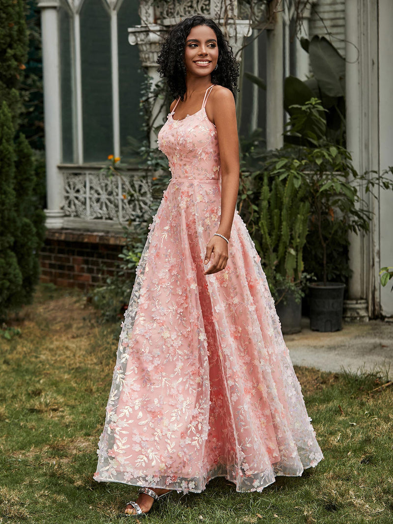 Spaghetti Straps Lace-up Flowers Appliqued Prom Dress Coral