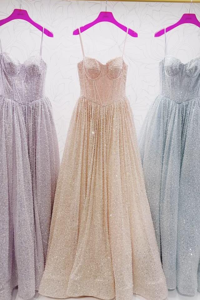 Spaghetti Straps Light Blue Sequin A-line Formal Gown