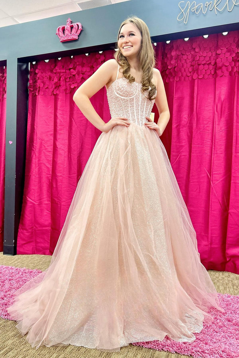 Spaghetti Straps Light Blue Sequin A-line Formal Gown