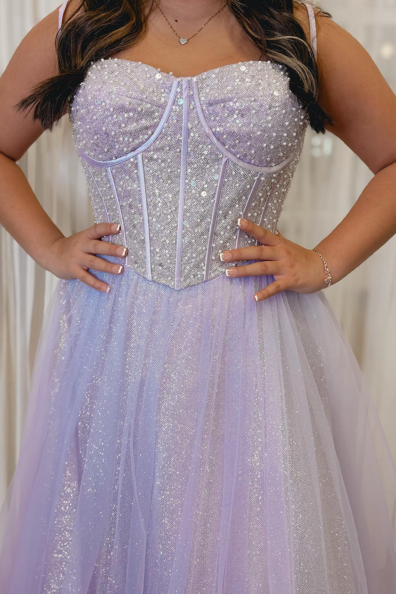 Spaghetti Straps Light Blue Sequin A-line Formal Gown