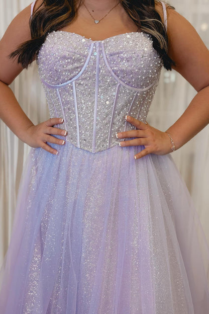 Spaghetti Straps Light Blue Sequin A-line Formal Gown