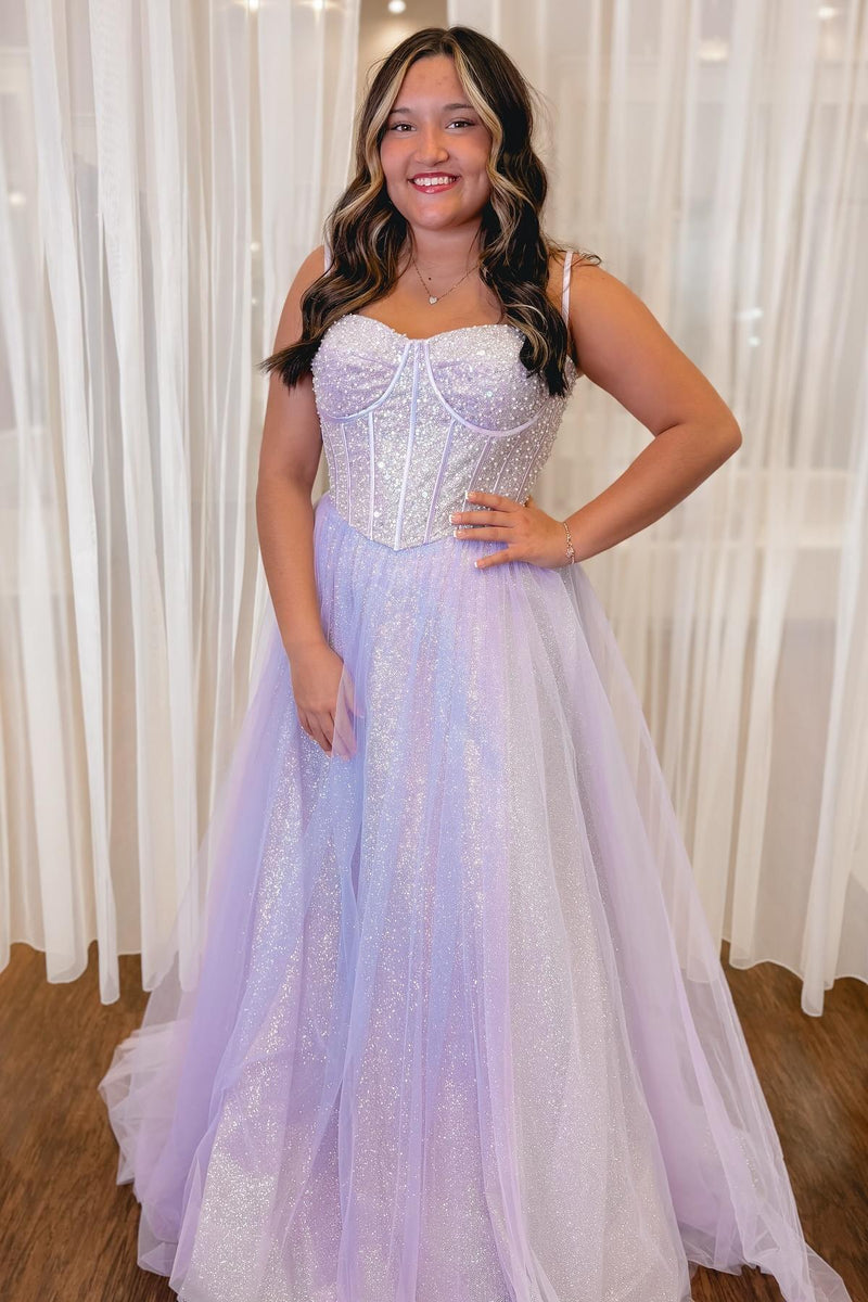 Spaghetti Straps Light Blue Sequin A-line Formal Gown