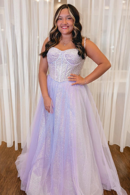 Spaghetti Straps Light Blue Sequin A-line Formal Gown