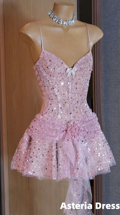 Spaghetti Straps Pink Sequin Mini Homecoming Dresses