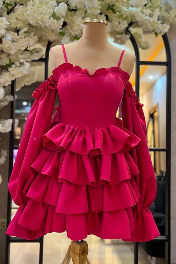 Spaghetti Straps Ruffled Long Sleeves Layers Homecoming Dress
