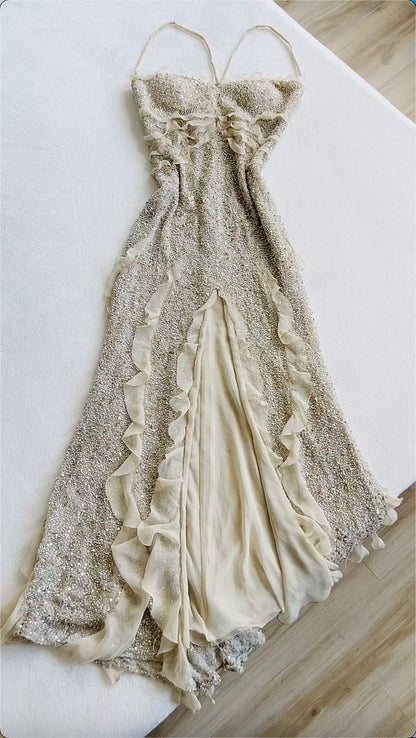 Spaghetti Straps Sequin Long Evening Prom Dresses With Slit