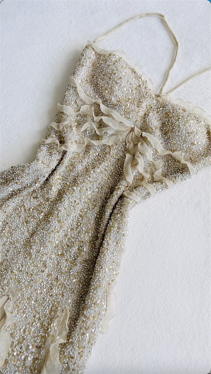 Spaghetti Straps Sequin Long Evening Prom Dresses With Slit