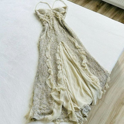 Spaghetti Straps Sequin Long Evening Prom Dresses With Slit