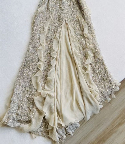 Spaghetti Straps Sequin Long Evening Prom Dresses With Slit