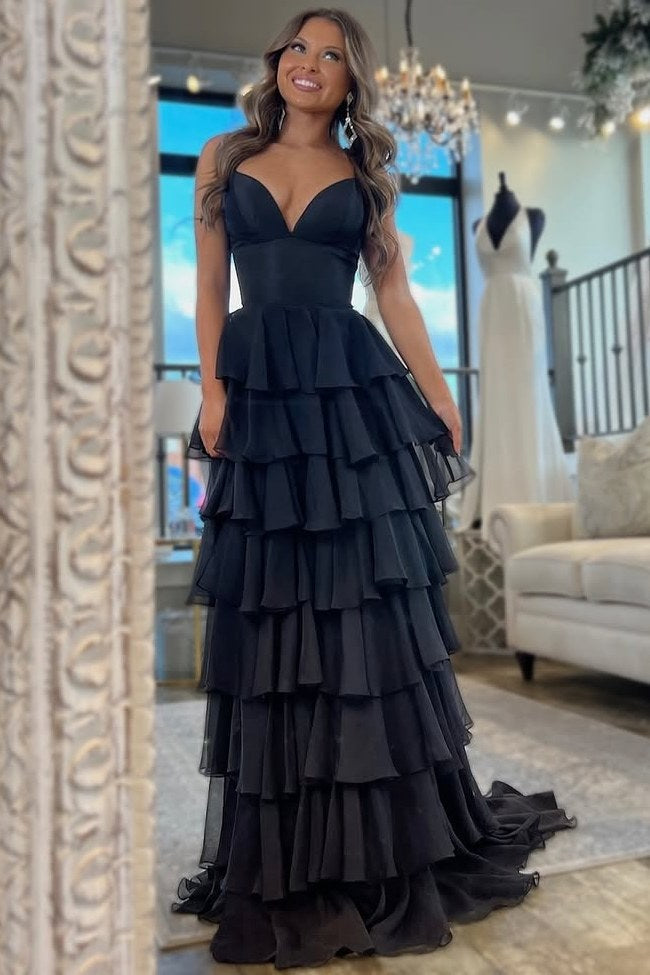 V-Neck Layered Chiffon Sleeveless Long Prom Dress