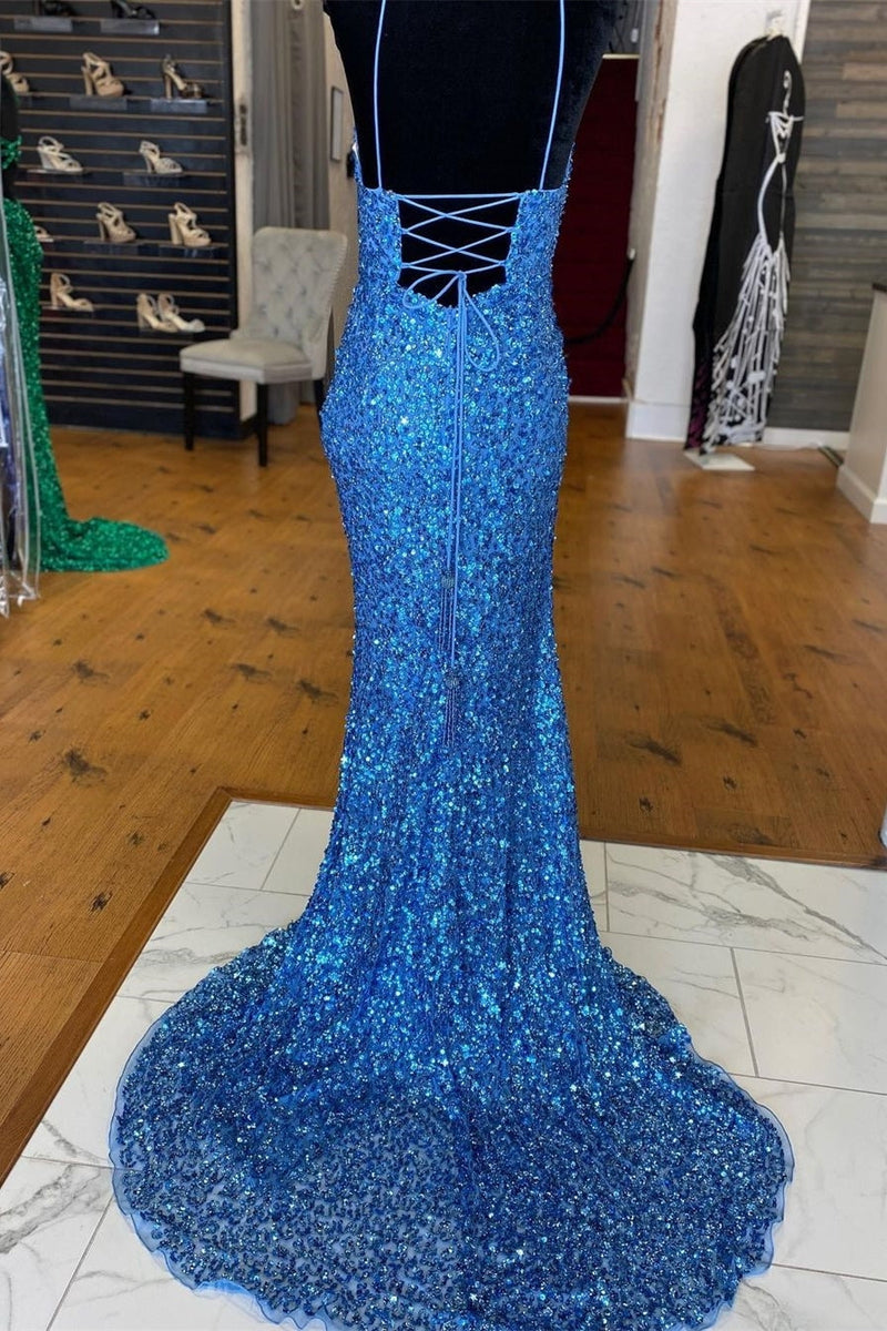 Sparkle Blue Sequin Mermaid Side Slit Long Formal Dress