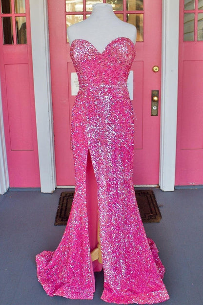 Sparkle Hot Pink Sequin Mermaid Sweetheart Long Prom Dress