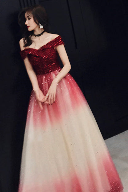 Sparkle Off the Shoulder Wine Red Long Party Dress