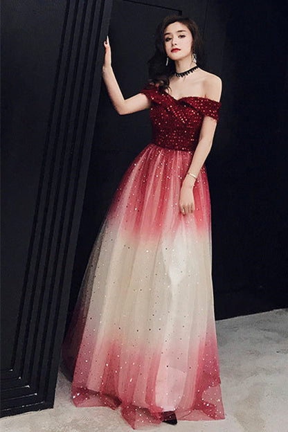 Sparkle Off the Shoulder Wine Red Long Party Dress