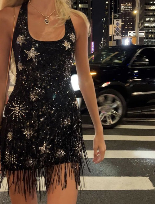 Sparkling Tassel Square Neck Star Sequin Open Back Homecoming Dress