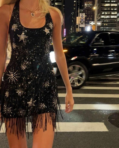 Sparkling Tassel Square Neck Star Sequin Open Back Homecoming Dress