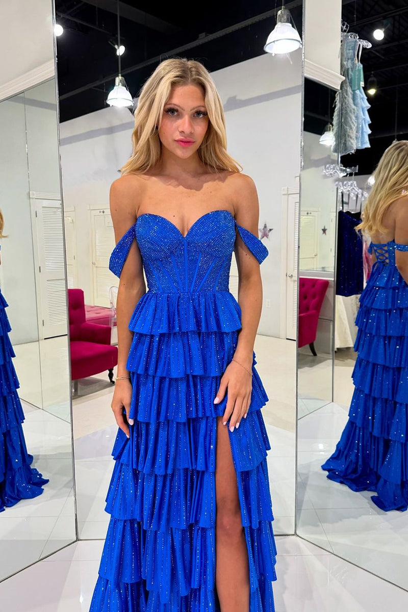 Sparkly A Line Off the Shoulder Royal Blue Satin Prom Dresses with Beading