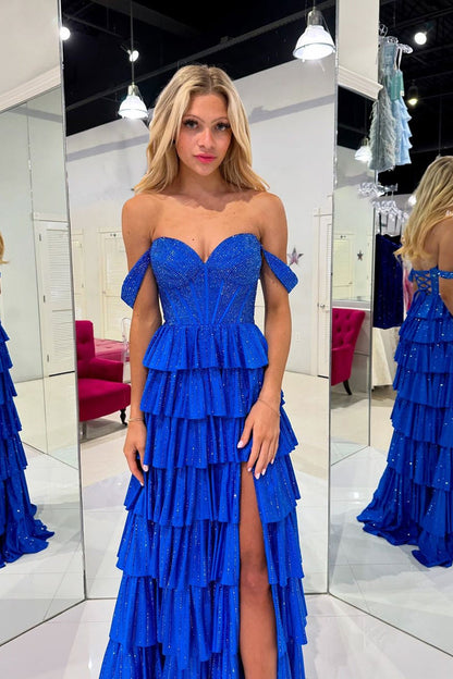 Sparkly A Line Off the Shoulder Royal Blue Satin Prom Dresses with Beading