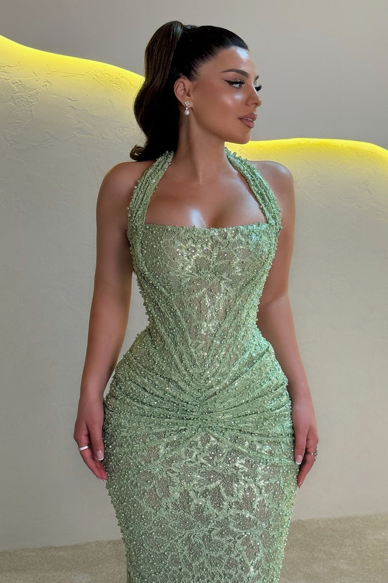 Sparkly Mermaid Halter Neck Gold Sequins Long Prom Dress with Ruched