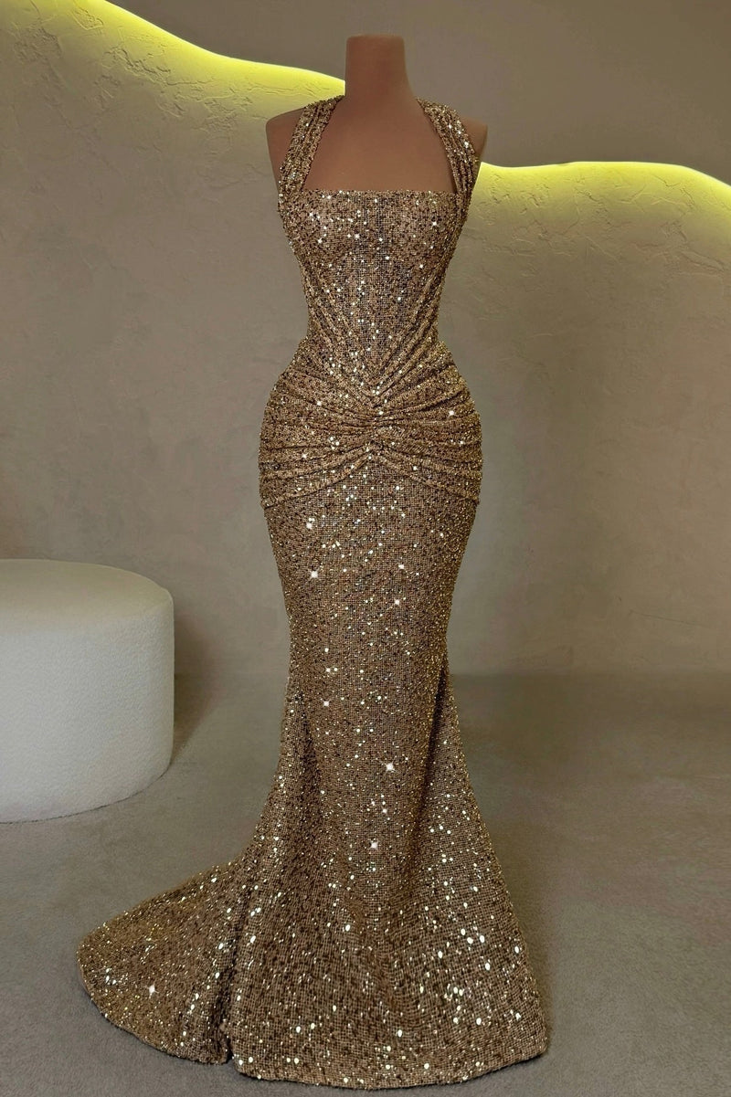 Sparkly Mermaid Halter Neck Gold Sequins Long Prom Dress with Ruched