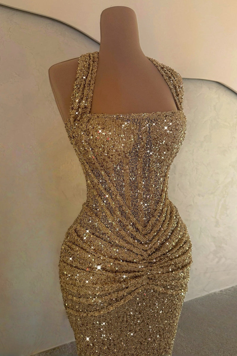 Sparkly Mermaid Halter Neck Gold Sequins Long Prom Dress with Ruched