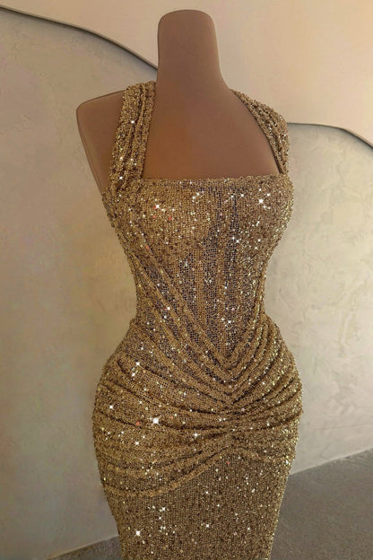 Sparkly Mermaid Halter Neck Gold Sequins Long Prom Dress with Ruched