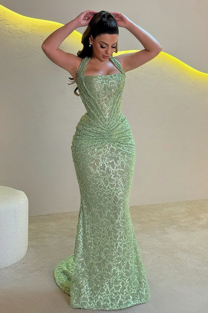 Sparkly Mermaid Halter Neck Gold Sequins Long Prom Dress with Ruched