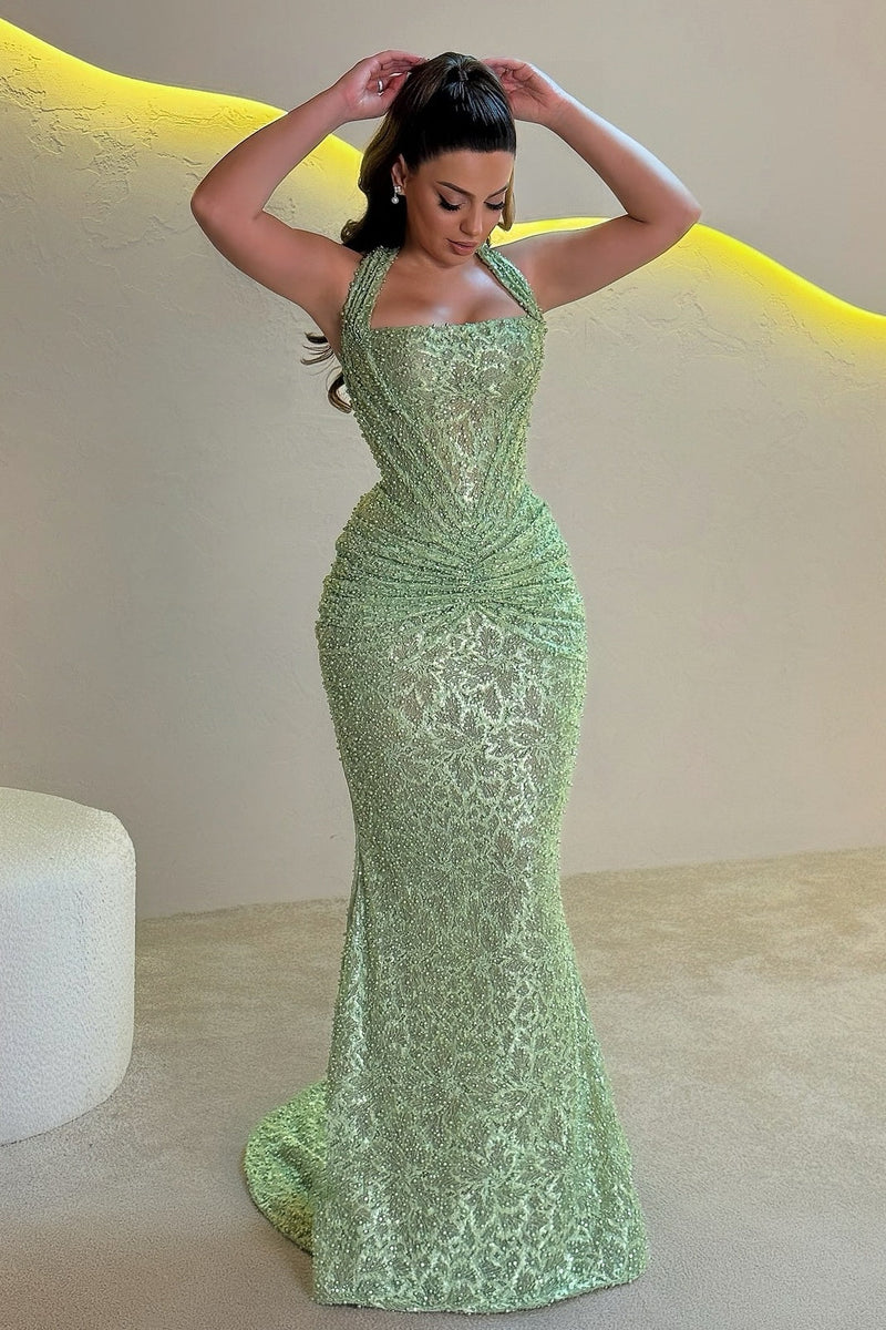 Sparkly Mermaid Halter Neck Gold Sequins Long Prom Dress with Ruched