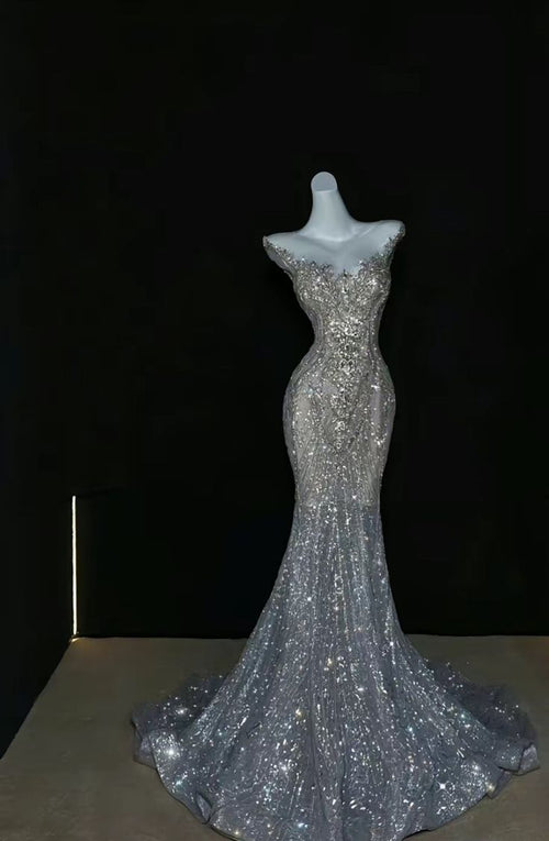Sparkly Mermaid Off The Shoulder Tulle Sequin Long Prom Dress,Evening Dress