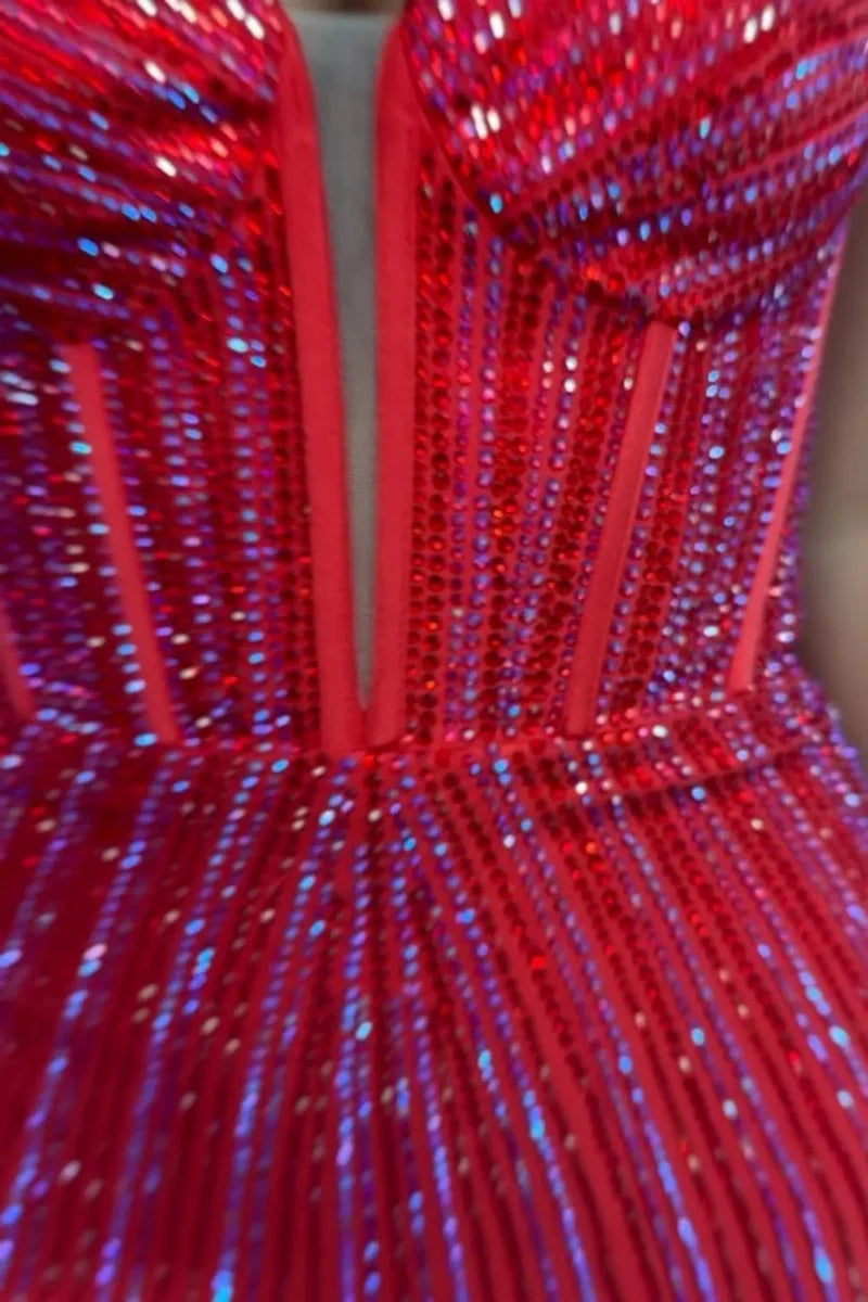 Sparkly Mermaid Spaghetti Straps Red Long Beaded Prom Dress with Beading Slit