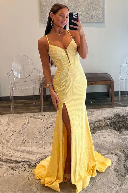 Sparkly Mermaid Spaghetti Straps Red Long Beaded Prom Dress with Beading Slit