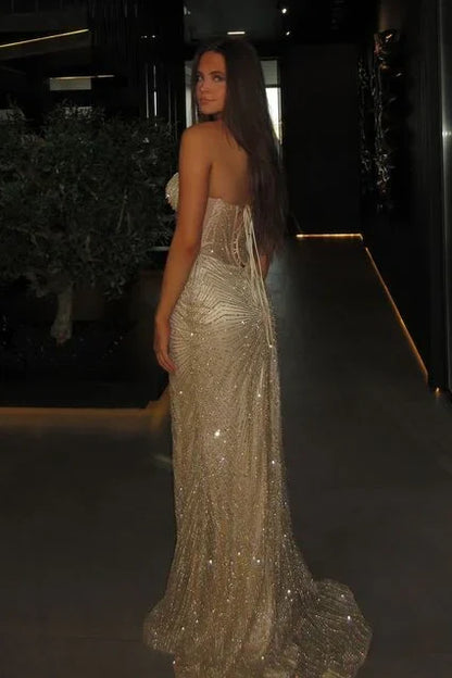 Sparkly Mermaid Spaghetti Straps Silver Corset Prom Dress with Beading