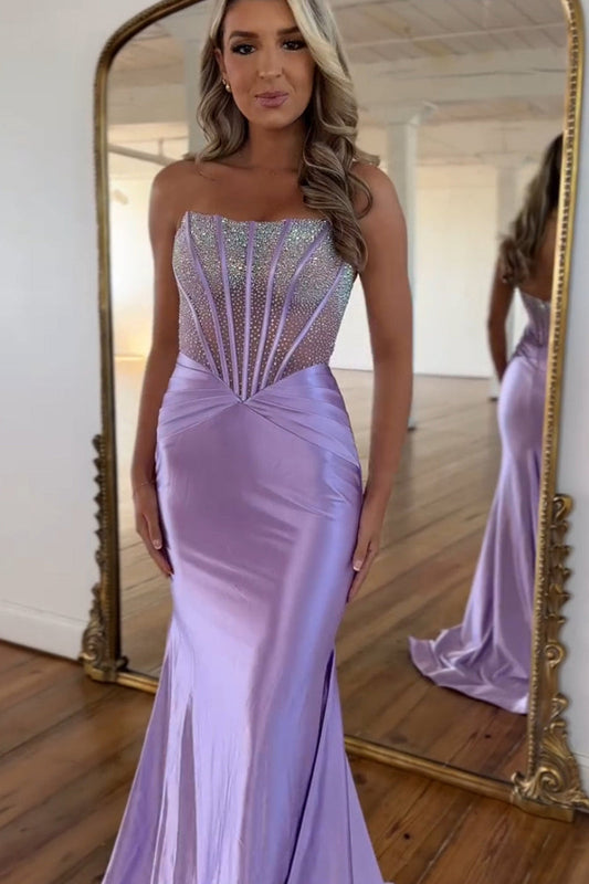 Sparkly Mermaid Strapless Lavender Satin Long Prom Dresses