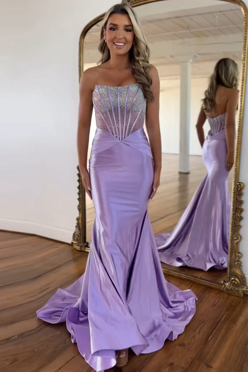 Sparkly Mermaid Strapless Lavender Satin Long Prom Dresses