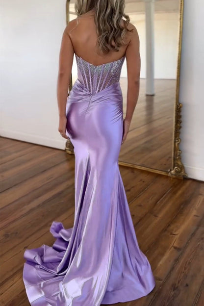 Sparkly Mermaid Strapless Lavender Satin Long Prom Dresses