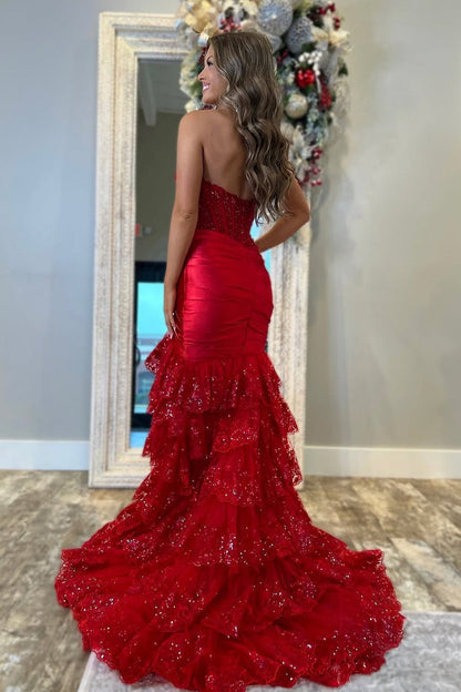 Sparkly Mermaid Sweetheart Dark Red Satin Tiered Prom Dress