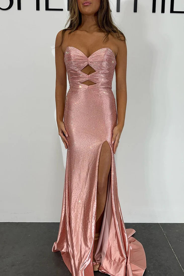 Sparkly Mermaid Sweetheart Hot Pink Satin Long Prom Dresses with Hot Stone Beading
