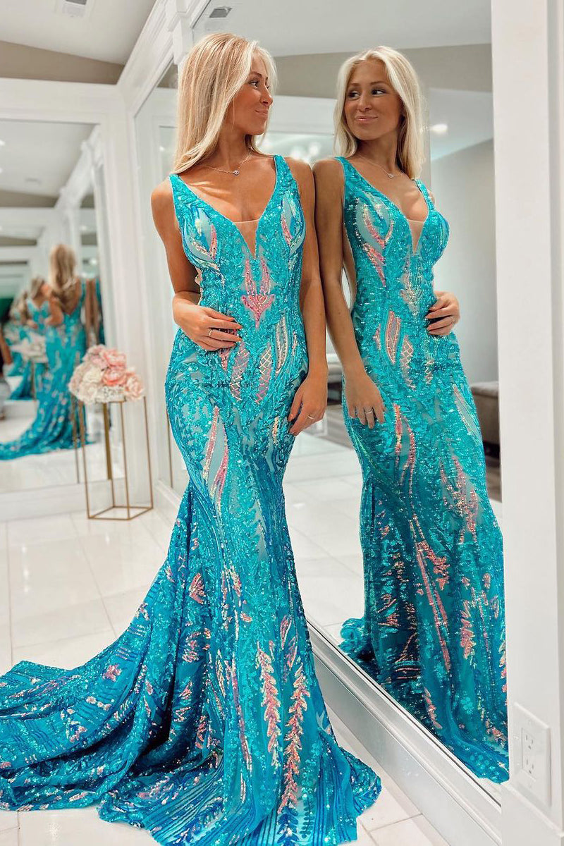 Sparkly Mermaid V Neck Sequins Long Prom Dresses