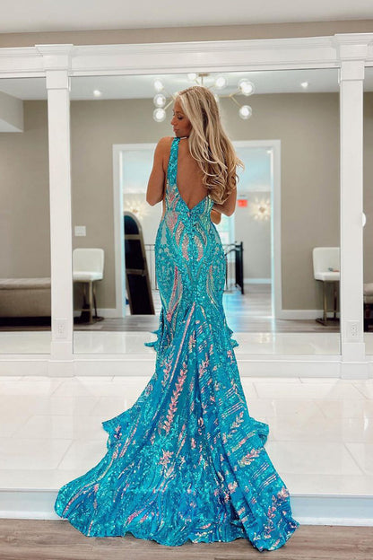 Sparkly Mermaid V Neck Sequins Long Prom Dresses