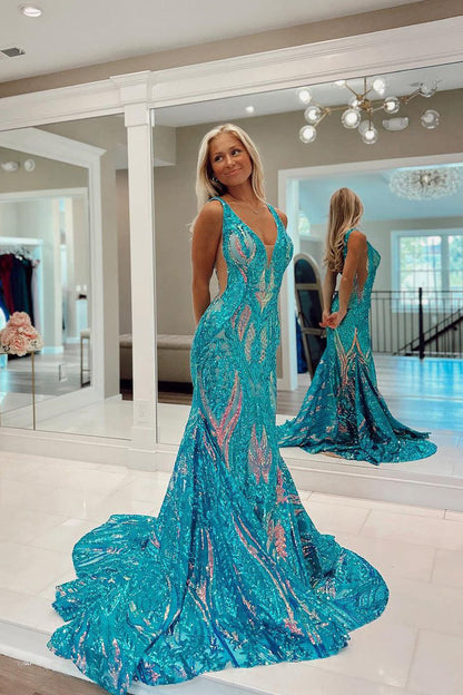 Sparkly Mermaid V Neck Sequins Long Prom Dresses