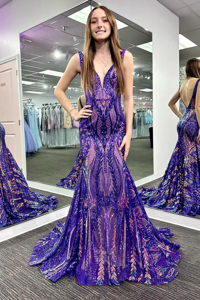 Sparkly Mermaid V Neck Sequins Long Prom Dresses