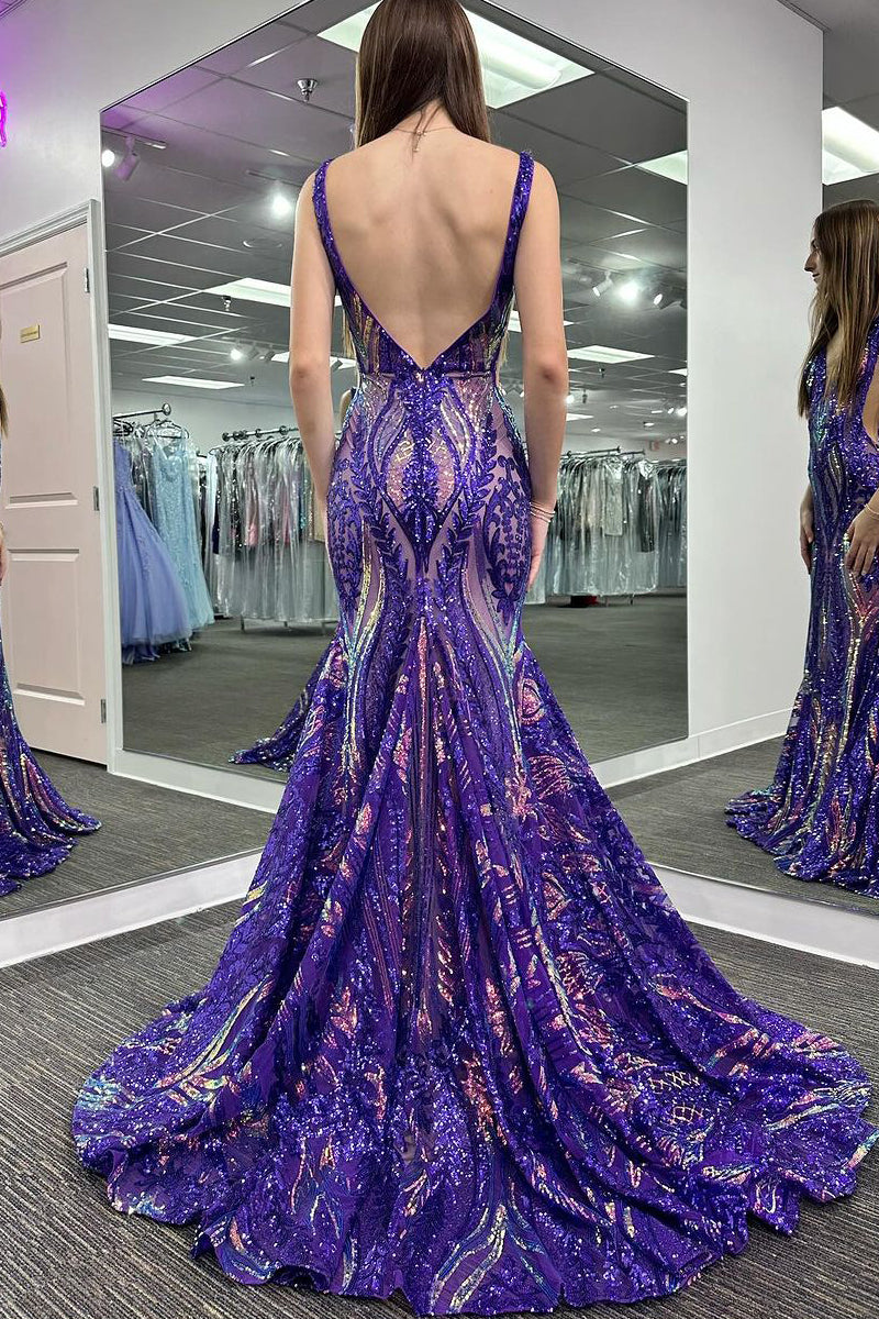 Sparkly Mermaid V Neck Sequins Long Prom Dresses